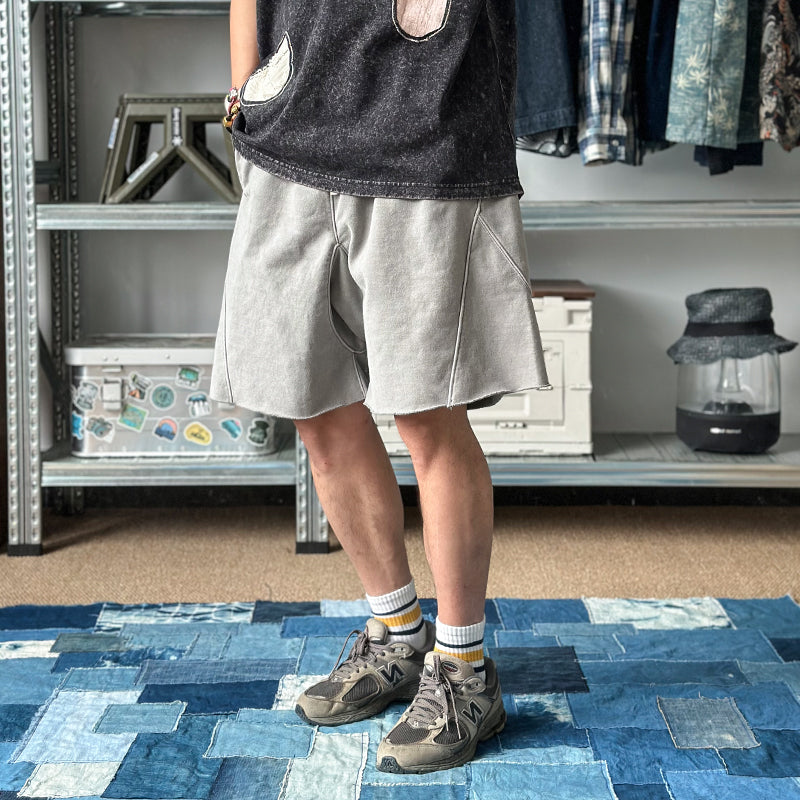 High gram heavy wash American vintage BF lazy style drawstring panelled athleisure loose shorts for men and women