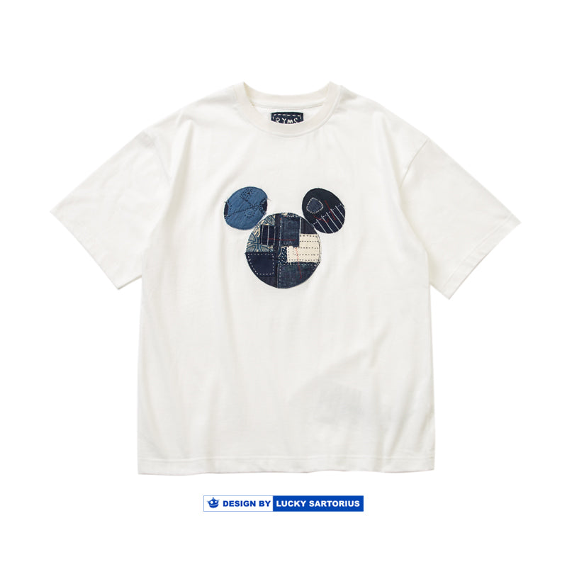 Vintage original blue-dyed hand-embroidered patch patch T-shirt