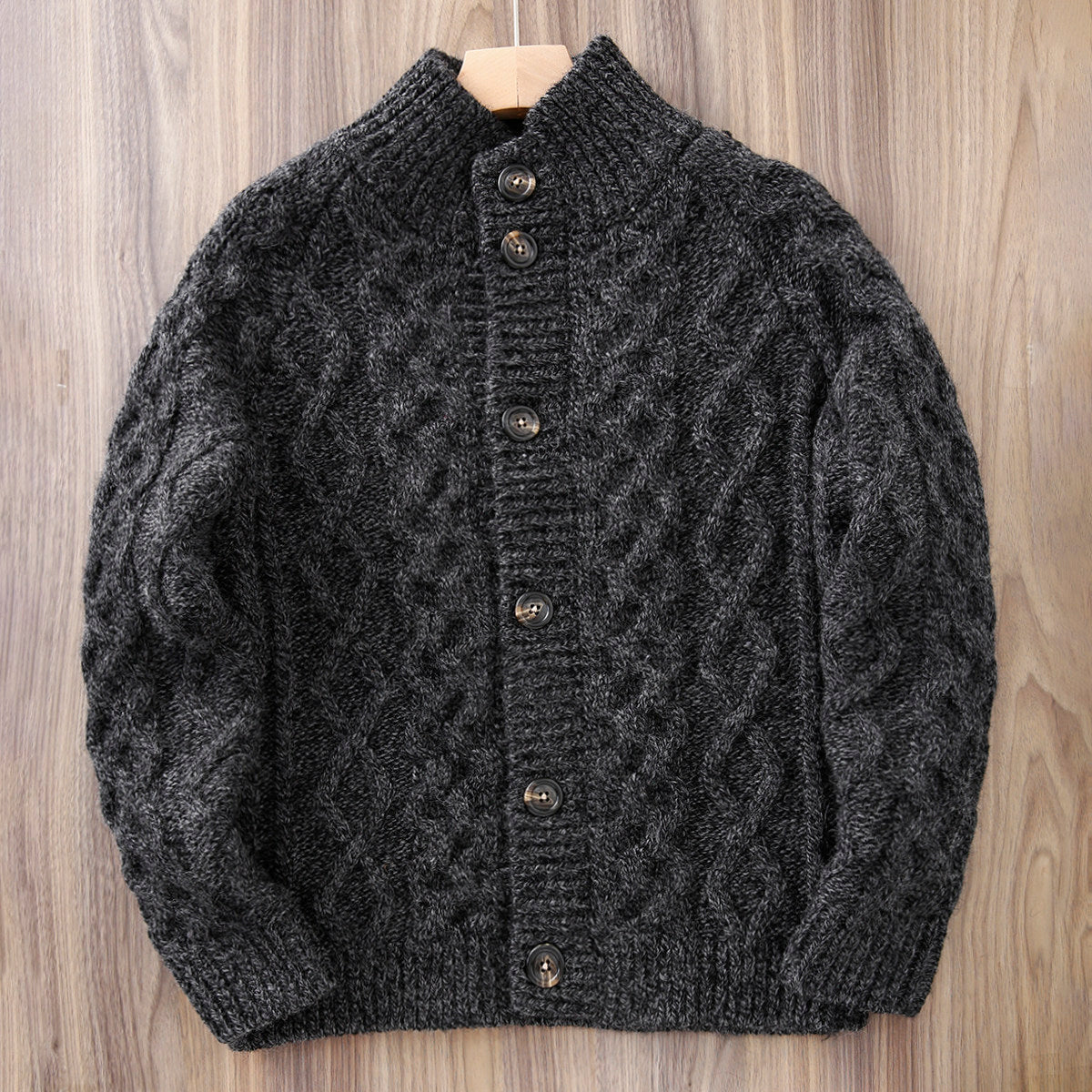 80% Wool Cable Knit Cardigan – Men's Stand Collar Raglan Sleeve Sweater
