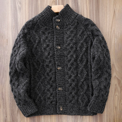 80% Wool Cable Knit Cardigan – Men's Stand Collar Raglan Sleeve Sweater