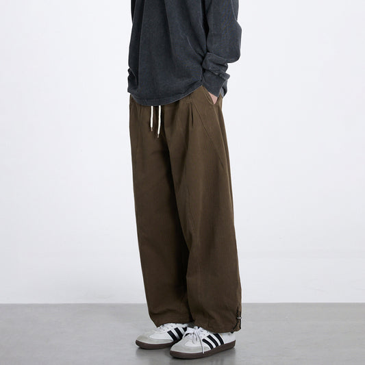 Men's 2025 New Japanese Retro Washed Cotton Loose Wide-leg Casual Pants Elasticated Waist Straight Cargo Leggings