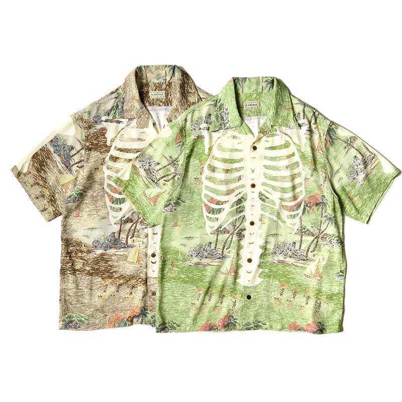 Japanese casual bone Hawaiian print Cuban collar loose short-sleeved shirt
