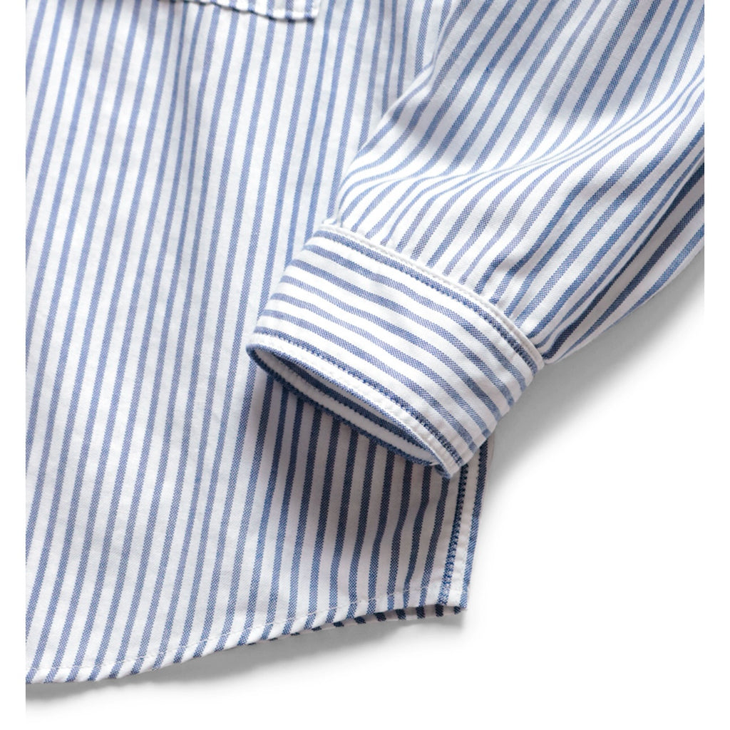 Japanese casual pleated two-pocket blue and white striped lapel loose long-sleeved shirt
