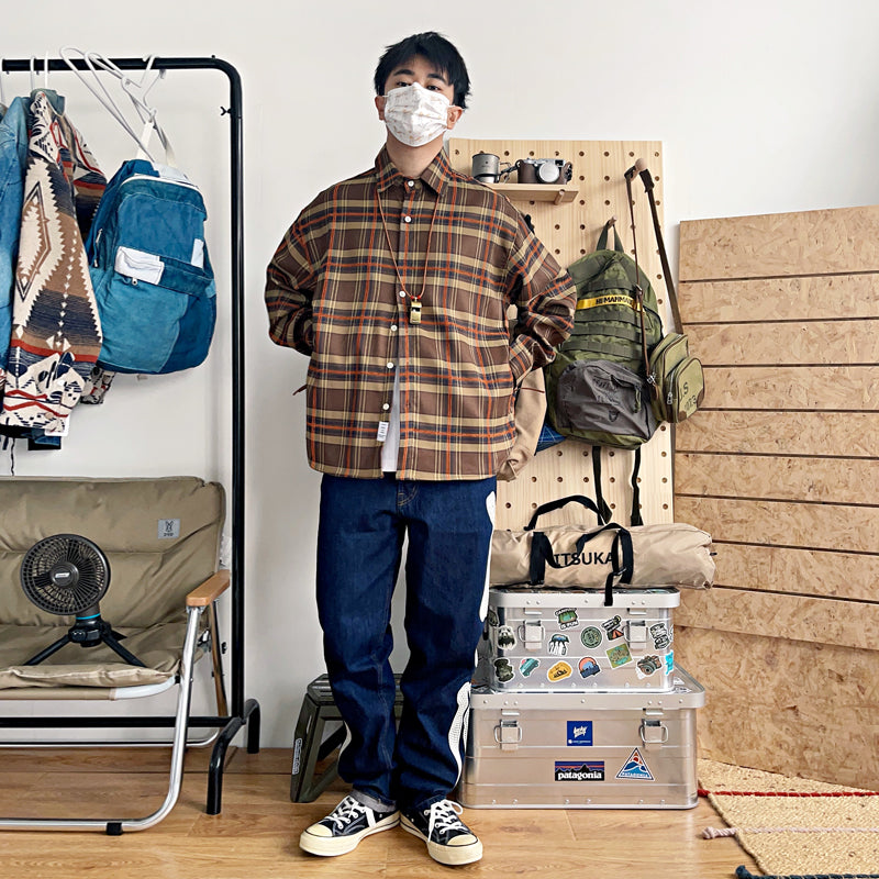 Japanese cityboy loose fit brown    plaid long sleeve shirt