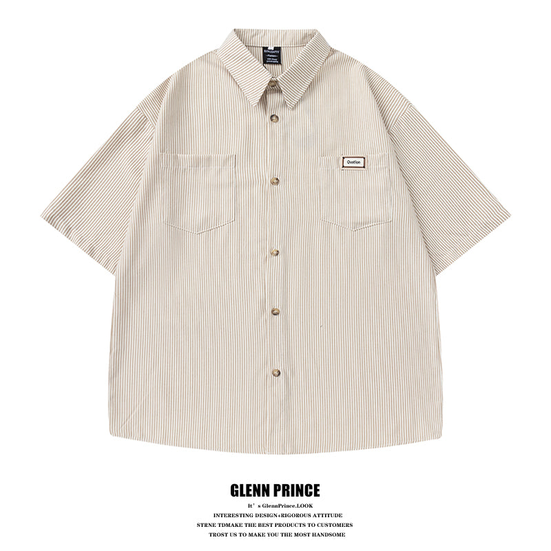 Japanese fashion brand embroidered vertical stripe short sleeve shirt men's summer thin casual and versatile silhouette shirt