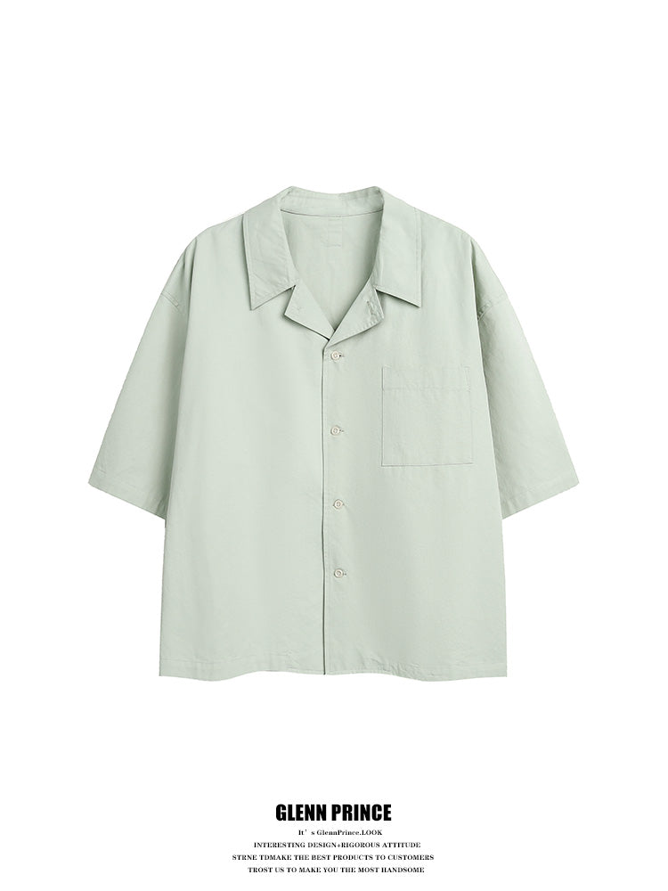 Korean version solid color Cuban collar short sleeve shirt men's summer cleanfit cropped non-iron ice silk shirt