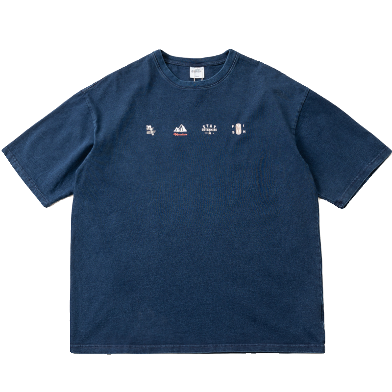 Japanese  Cotton Indigo washed turtleneck print Short Sleeve T-Shirt