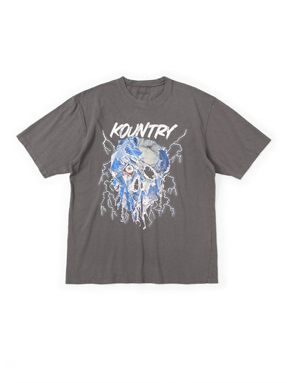 Japanese Casual Cotton Lightning Denim Skull Print Short Sleeve T-Shirt - Loose Graphic Tee for Men | Japanese vintage | yamalin clothes | Yamalinclothes