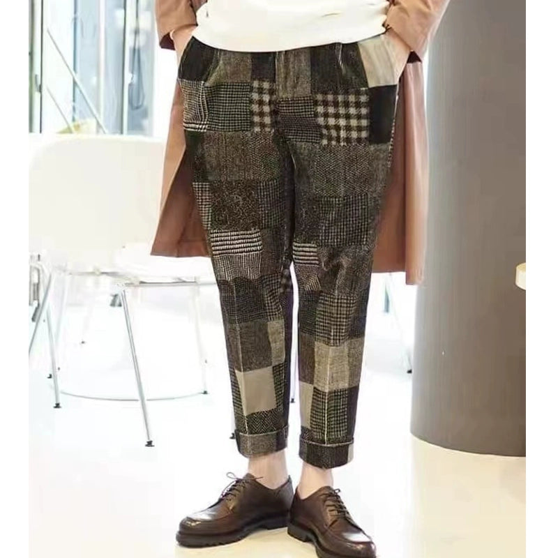 Japanese retro popular corduroy plaid stitching tapered men's and women's casual trousers