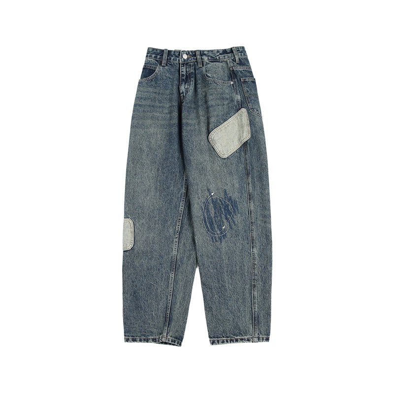 American heavyweight washed men's pants patch embroidery design jeans men's new loose casual pants straight-leg trousers