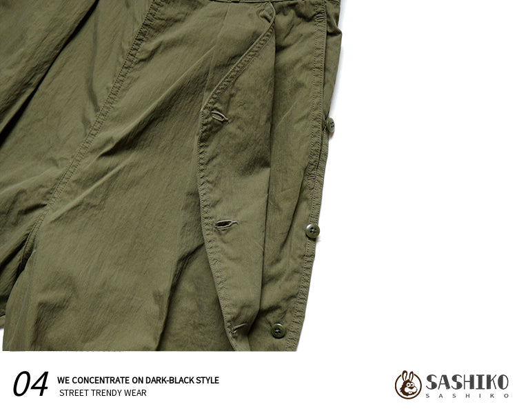 Japanese fashion loose tapered army green buckle military style casual pants