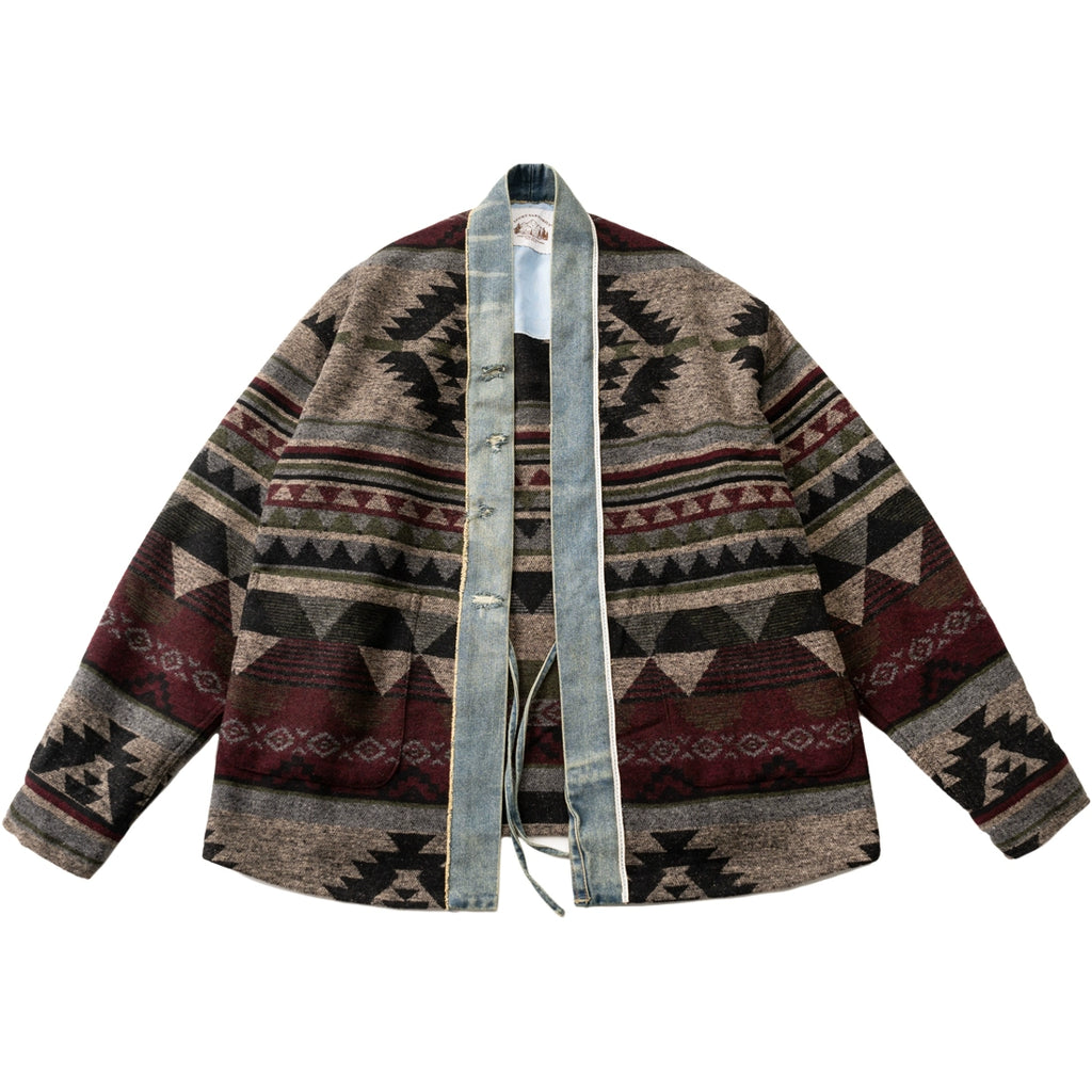 Japanese retro denim patchwork woolen ethnic style loose Taoist jacket for men