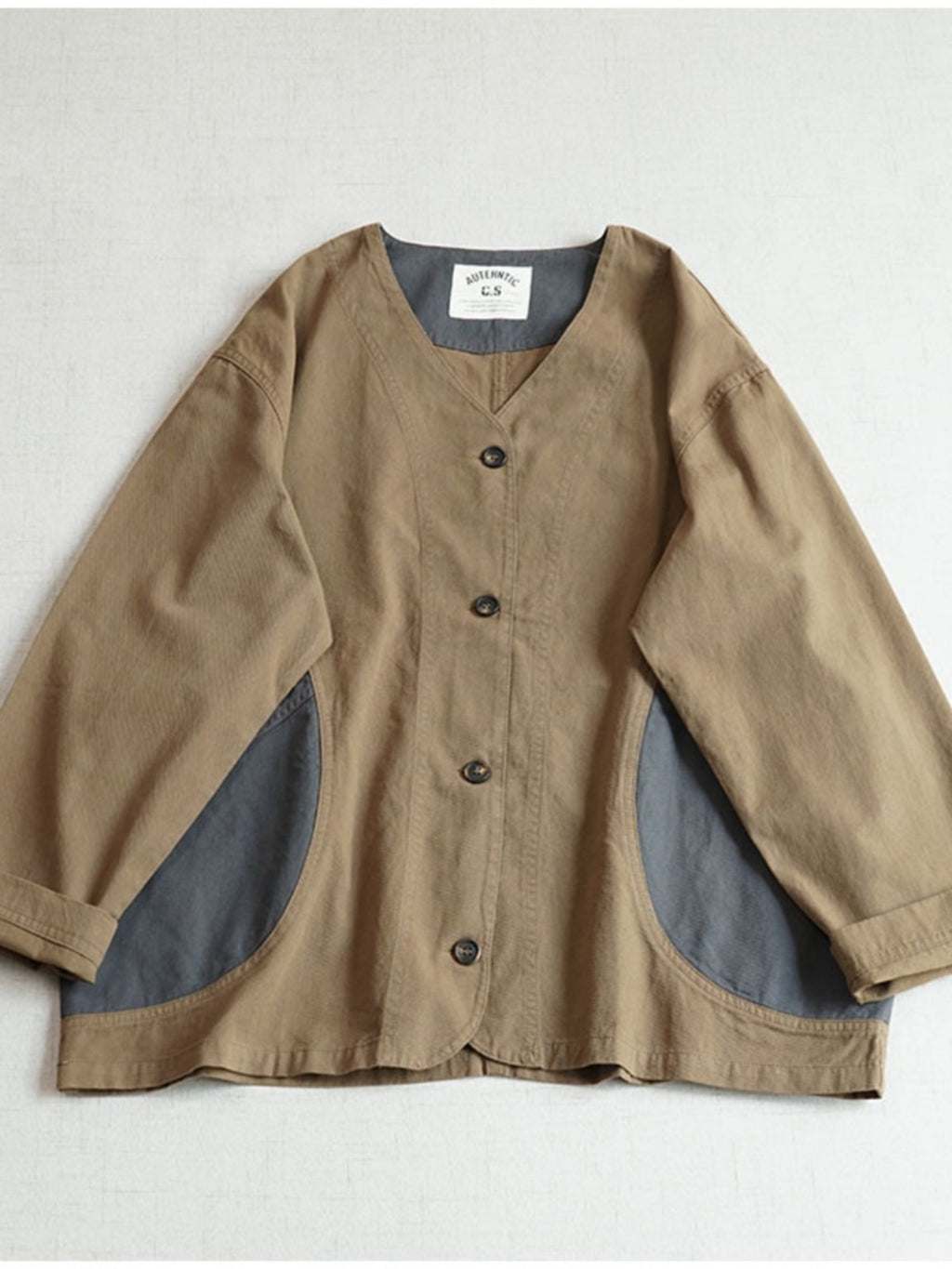 Japanese Color-Blocked V-Neck Pocket Jacket – Retro Cotton Spring/Autumn (Unisex)