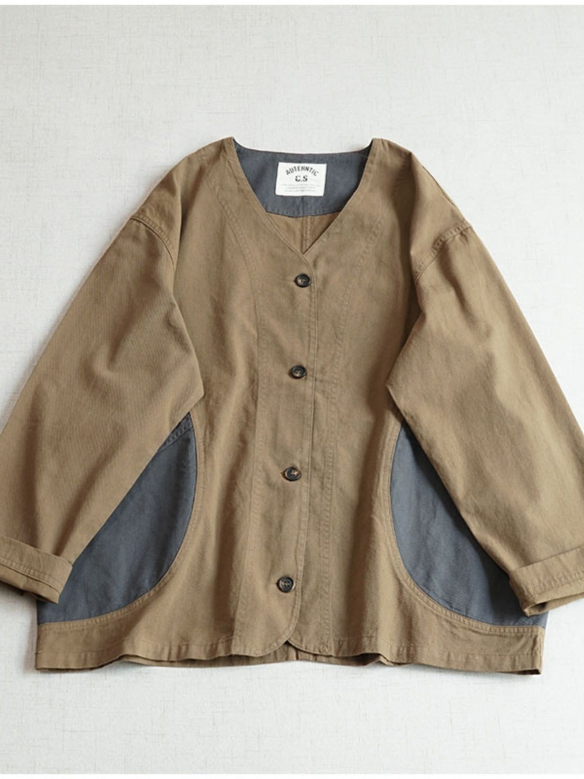 Japanese Color-Blocked V-Neck Pocket Jacket – Retro Cotton Spring/Autumn (Unisex)