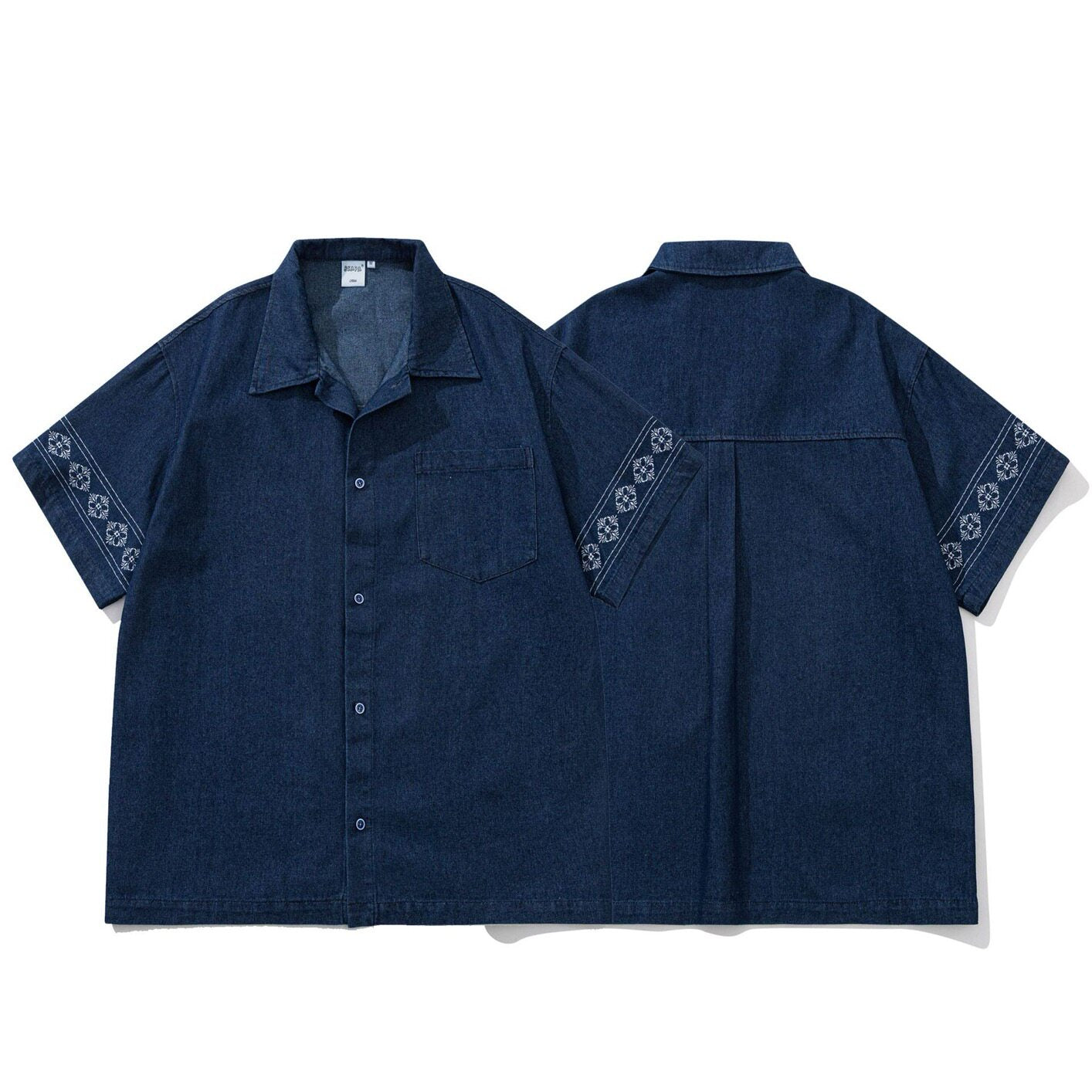 Unisex Japanese Retro Ethnic Embroidered Denim Shirt, Loose Three-Quarter Sleeve Casual Cargo Top