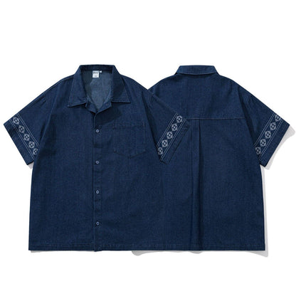 Unisex Japanese Retro Ethnic Embroidered Denim Shirt, Loose Three-Quarter Sleeve Casual Cargo Top