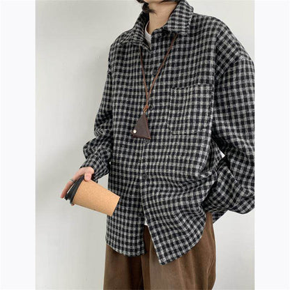 American Vintage Plaid Shirt Jacket – Loose Lapel Long Sleeve Casual Overshirt for Men | Japanese vintage | yamalin clothes | Yamalinclothes