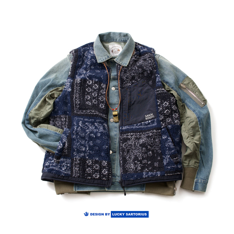 Japanese Perris pattern cashew nut flower reversible cotton vest young men and women autumn and winter thermal vest jacket men and women tide