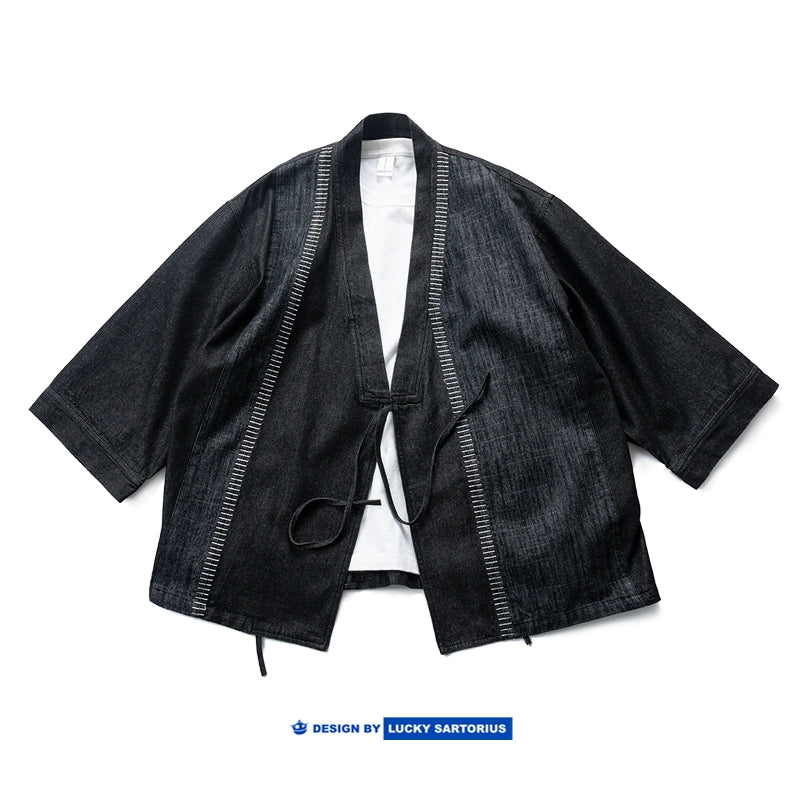 Japanese ethnic style embroidery denim multi-material stitching, loose and lazy, casual retro robe, jacket for men and women