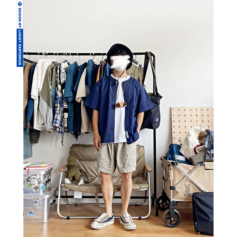 Japanese cityboy style loose version collarless short-sleeved shirt summer youth casual color matching shirt jacket men