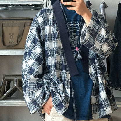 Japanese ethnic style, personality, raw edges, blue checkered, light and thin, loose dropped shoulders, casual robes, jackets, jackets for men and women