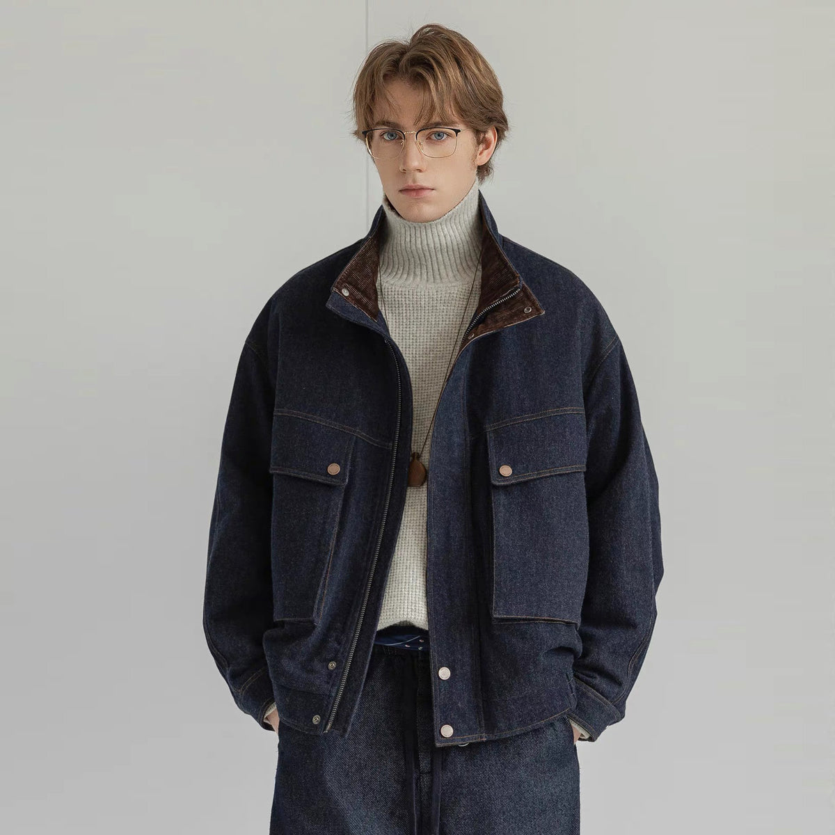 White Duck Down Denim Stand-Collar Jacket – American Vintage Loose Unisex – Coats Jackets | japanese streetwear | vintage workwear | unisex | Yamalinclothes