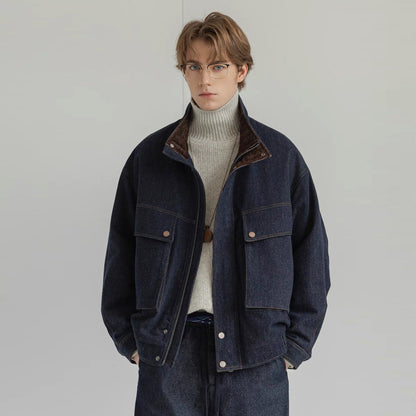 White Duck Down Denim Stand-Collar Jacket – American Vintage Loose Unisex – Coats Jackets | japanese streetwear | vintage workwear | unisex | Yamalinclothes