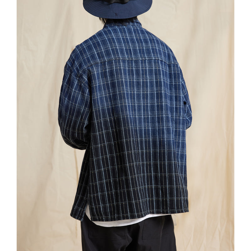 Japanese cotton and linen texture washed gradient blue and black plaid shirt