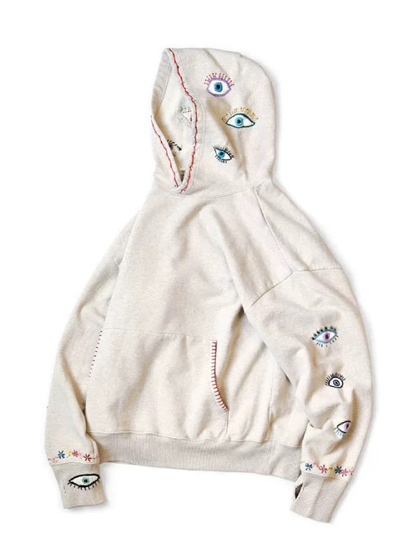 Japanese casual eyes fun embroidery cotton loose hooded sweater