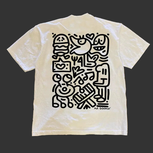 220GSM Heavyweight Graffiti Print T-Shirt - Loose Fit Campus Streetwear Short Sleeve Tee for Men