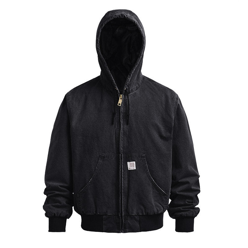 Vintage Wash Distressed Cargo Hoodie Jacket – Thermal Insulated Men's Coat