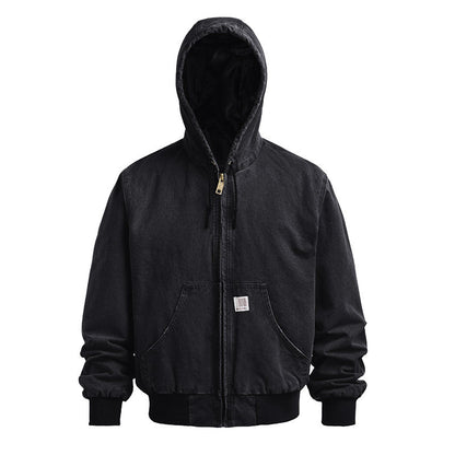 Vintage Wash Distressed Cargo Hoodie Jacket – Thermal Insulated Men's Coat