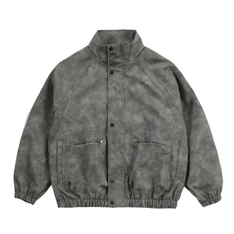 Letter Embroidery Stand-Collar Moto Jacket – American Retro Oversized Unisex