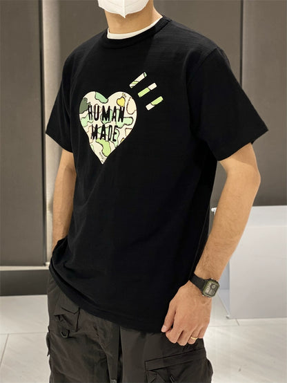 Very good-looking ~ HMAN co-branded KAWS camouflage ape head heart print slub cotton short sleeve T-shirt summer nigo