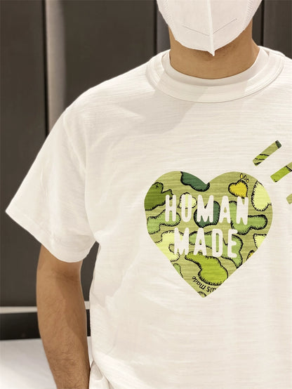 Very good-looking ~ HMAN co-branded KAWS camouflage ape head heart print slub cotton short sleeve T-shirt summer nigo