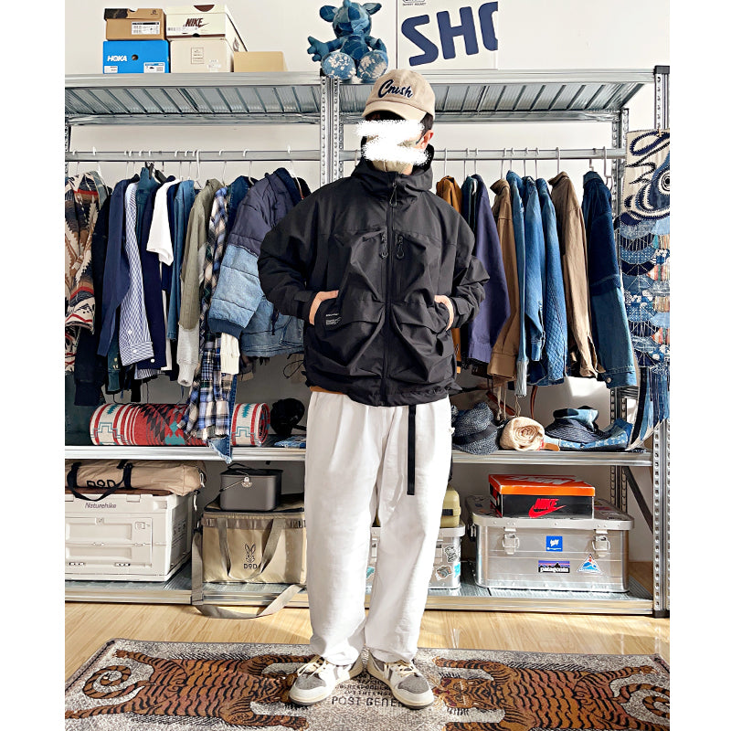 Multi-pocket hooded jacket youth loose raglan sleeves waterproof windproof coat men