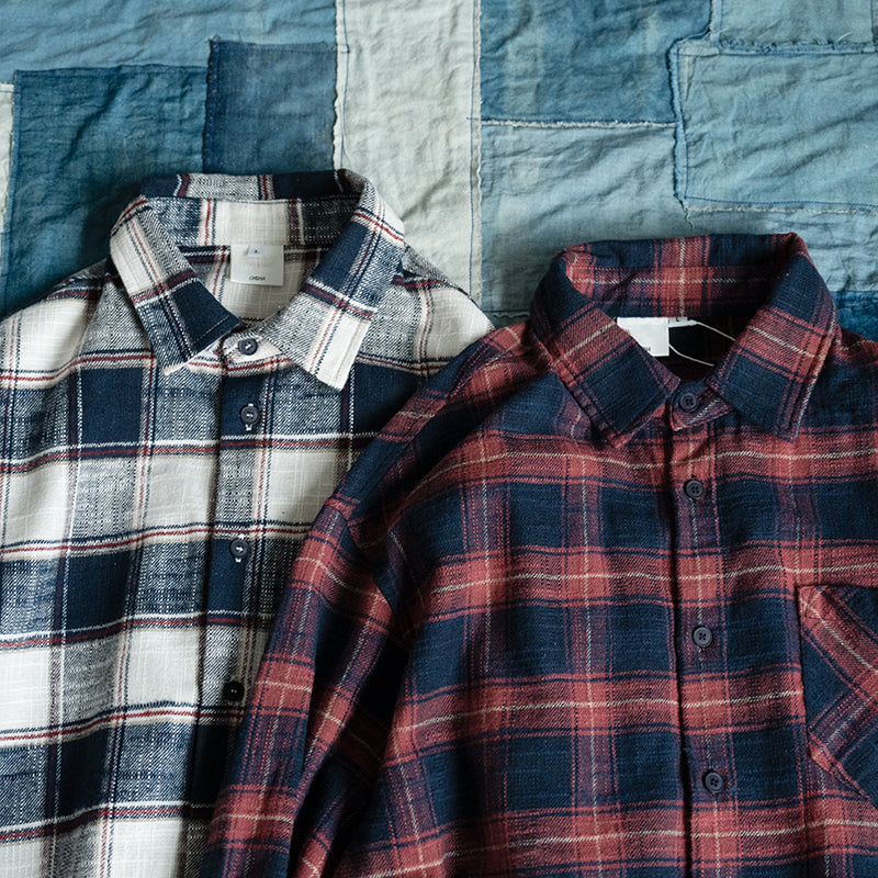 Japanese slub cotton thick long-sleeved plaid shirt