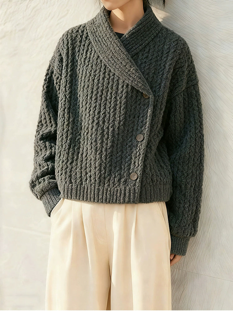 Women's 2025 Winter Old Money Style Knitted Sweater Jacket - Dark Gray-Green Fruit Collar Thick Thread Lazy Fit Top