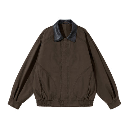Leather Collar Patchwork Lapel Jacket – Vintage Cargo Cropped Unisex