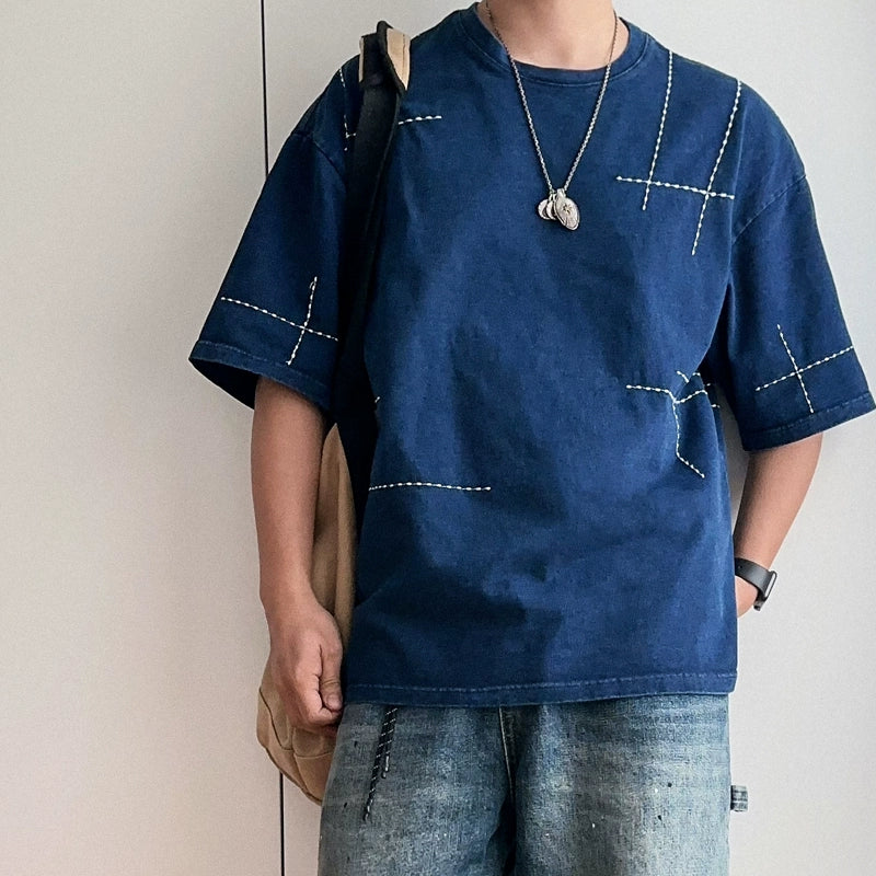 Vintage indigo washed thorn embroidery cotton loose short-sleeved T-shirt summer literary sense youth casual tee