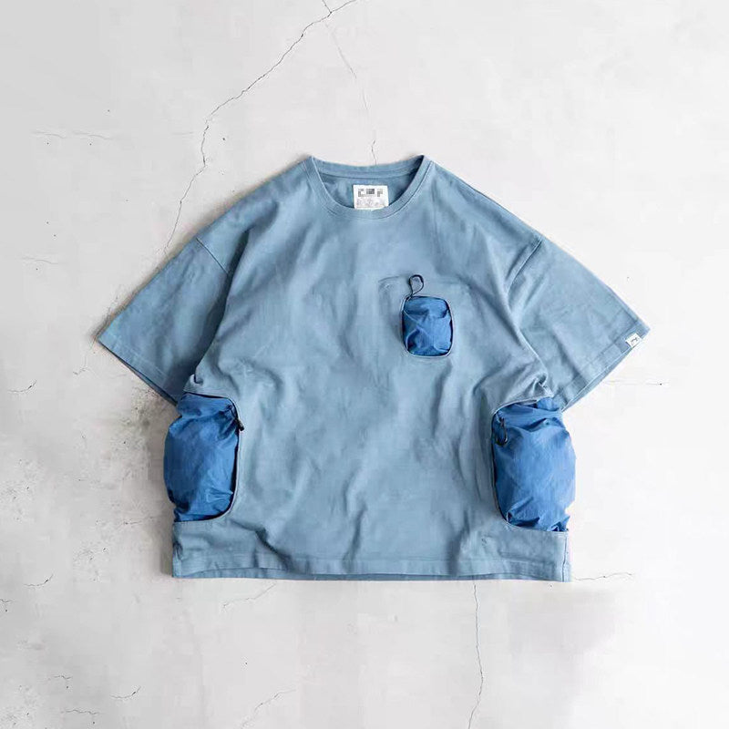 Mountain Functional Large Pocket Drop Shoulder T-Shirt - Loose Casual Outdoor Crew Neck Short Sleeve Tee for Men