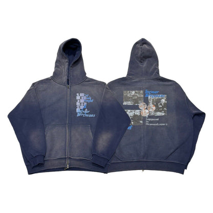 Vintage Faded Fleece Zip-Up Graphic Hoodie – Men's Oversized Navy Sweatshirt – Japanese vintage | yamalin clothes | Yamalinclothes
