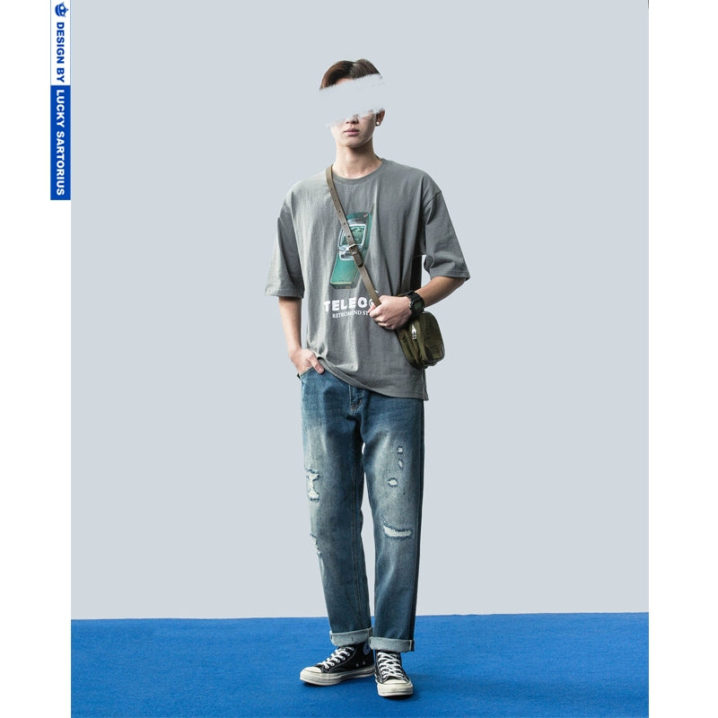 Spring/Summer New Men's Selvedge Bare-Eared Jeans Young Men's Slim Fit Ripped Wash Denim Trousers