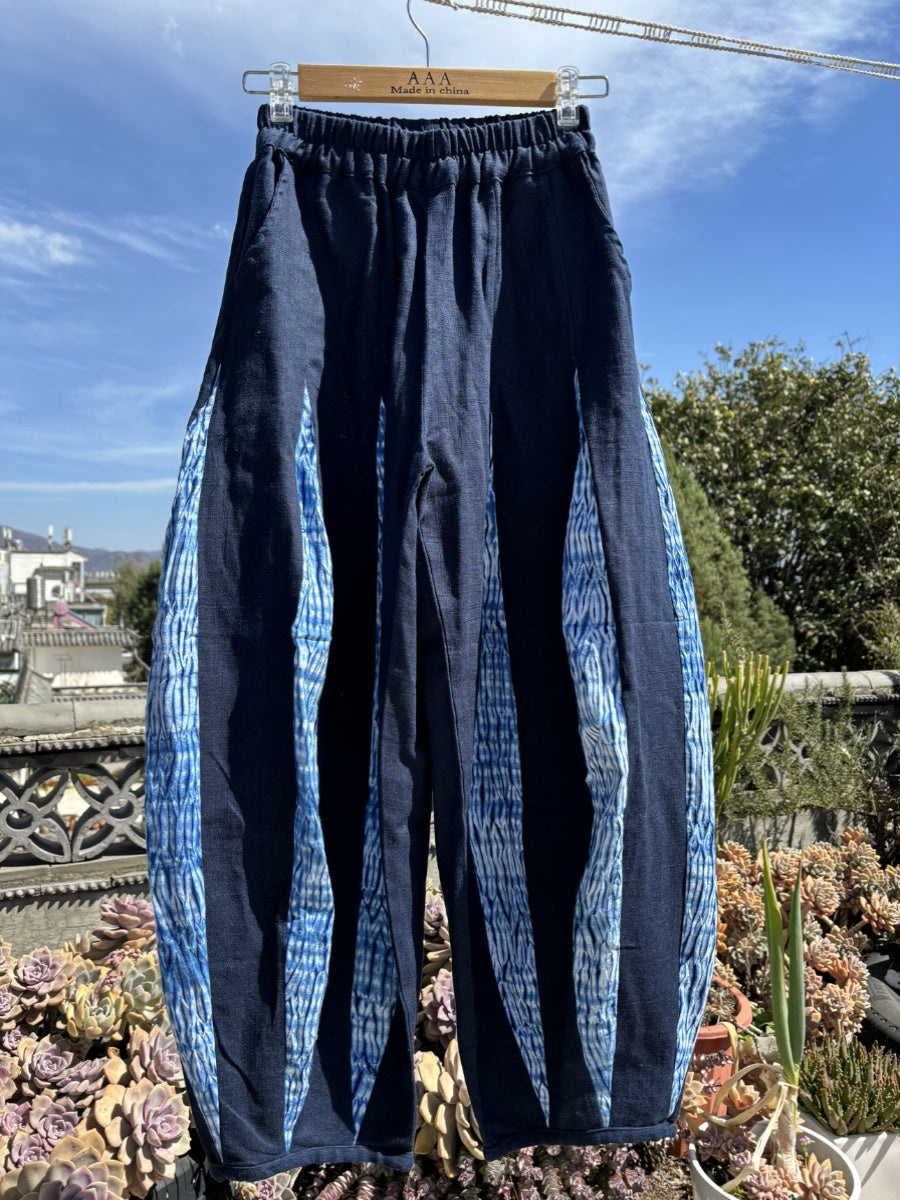 Tie-dye, patchwork, bloomers, casual cropped pants, Dali Bai handmade blue dyeing, new Chinese personality, unisex