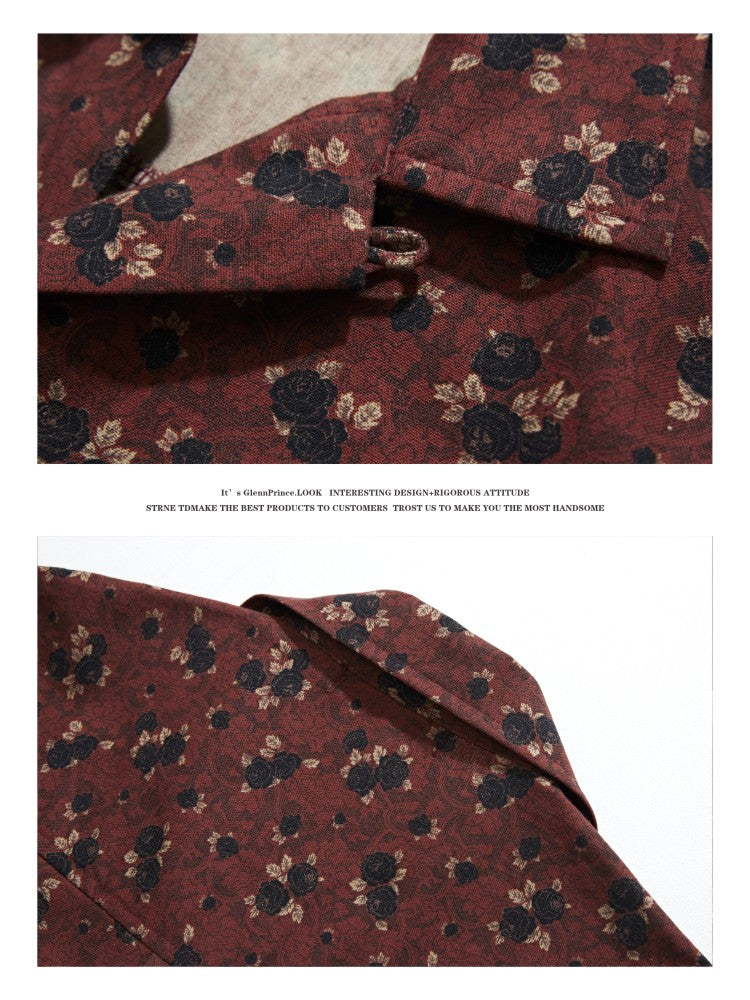 retro Hong Kong style floral full print Cuban collar men's handsome floral shirt summer cotton short sleeve shirt