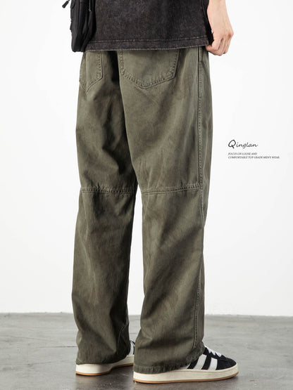 Army Green Straight Loose Elastic Waist Workwear Jeans – Unisex Casual