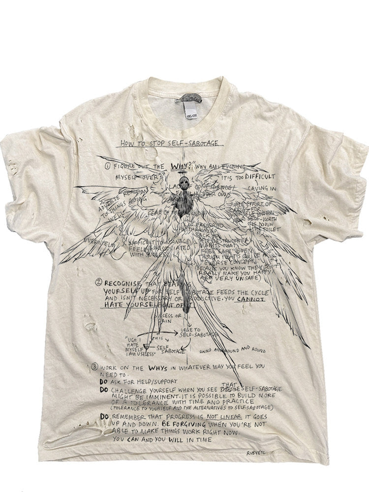Gothic Wings Graphic Tee – Vintage Ripped Distressed Loose Crew Neck T-Shirt