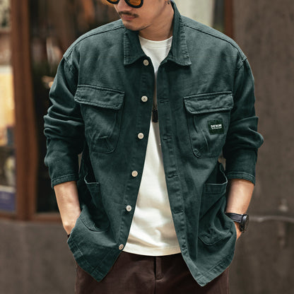 Vintage Chore Jacket Men – Washed Cotton Loose Cargo Workwear Shirt Jacket