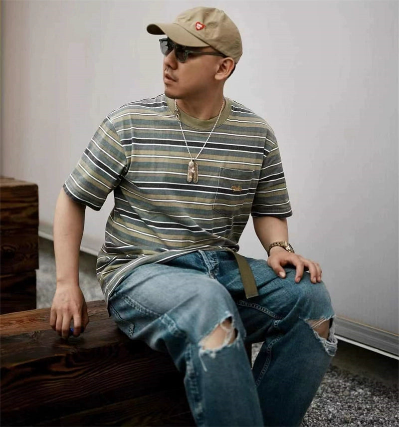 Summer striped short-sleeved T-shirt for men and women round neck 280g heavy T-shirt