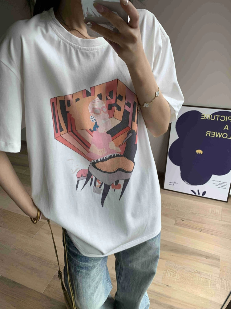 Japanese casual cotton fun print loose round collar short sleeve T-shirt
